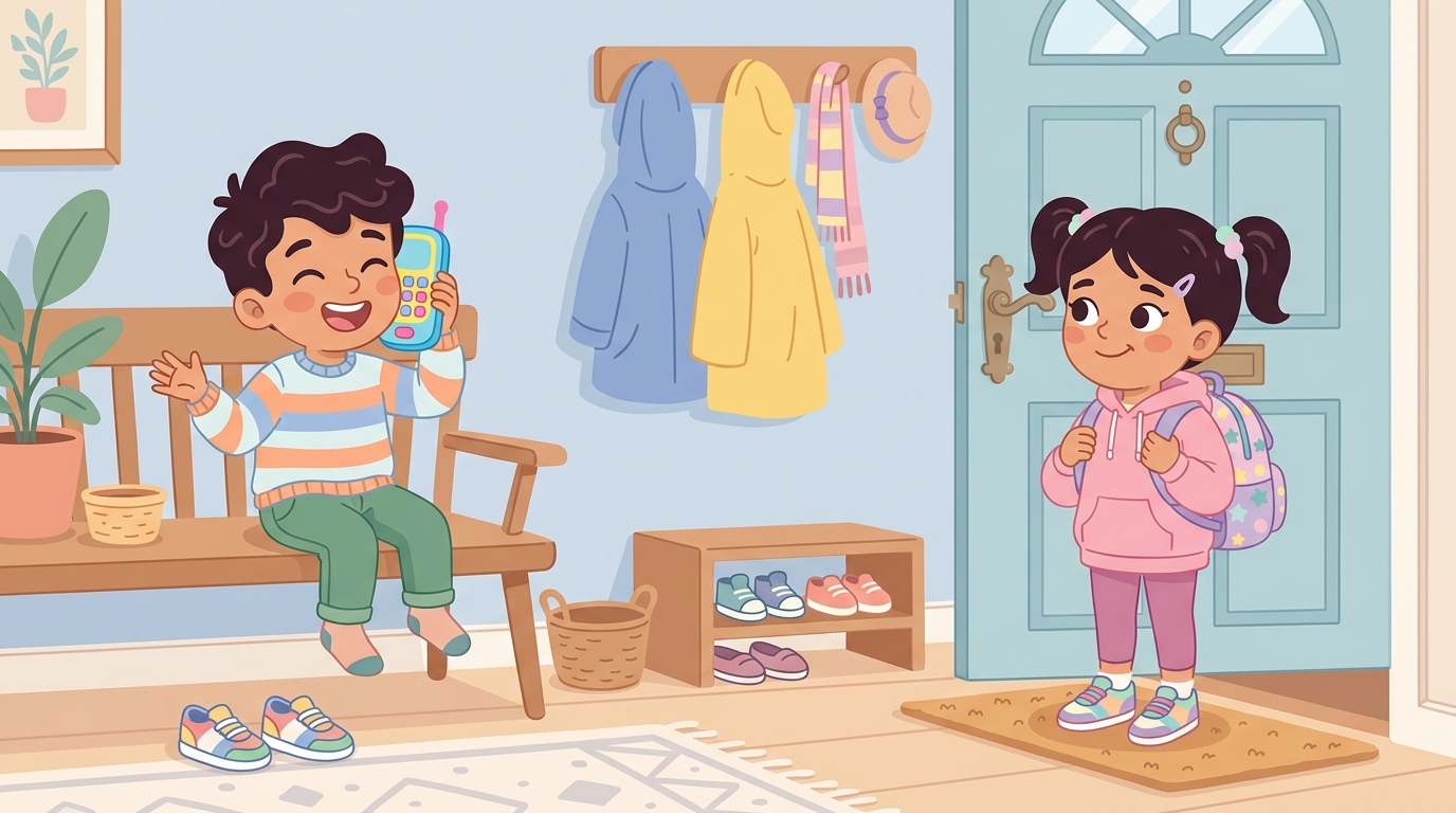 Karim au téléphone et Yara prête à partir pour le parc avec son sac à dos